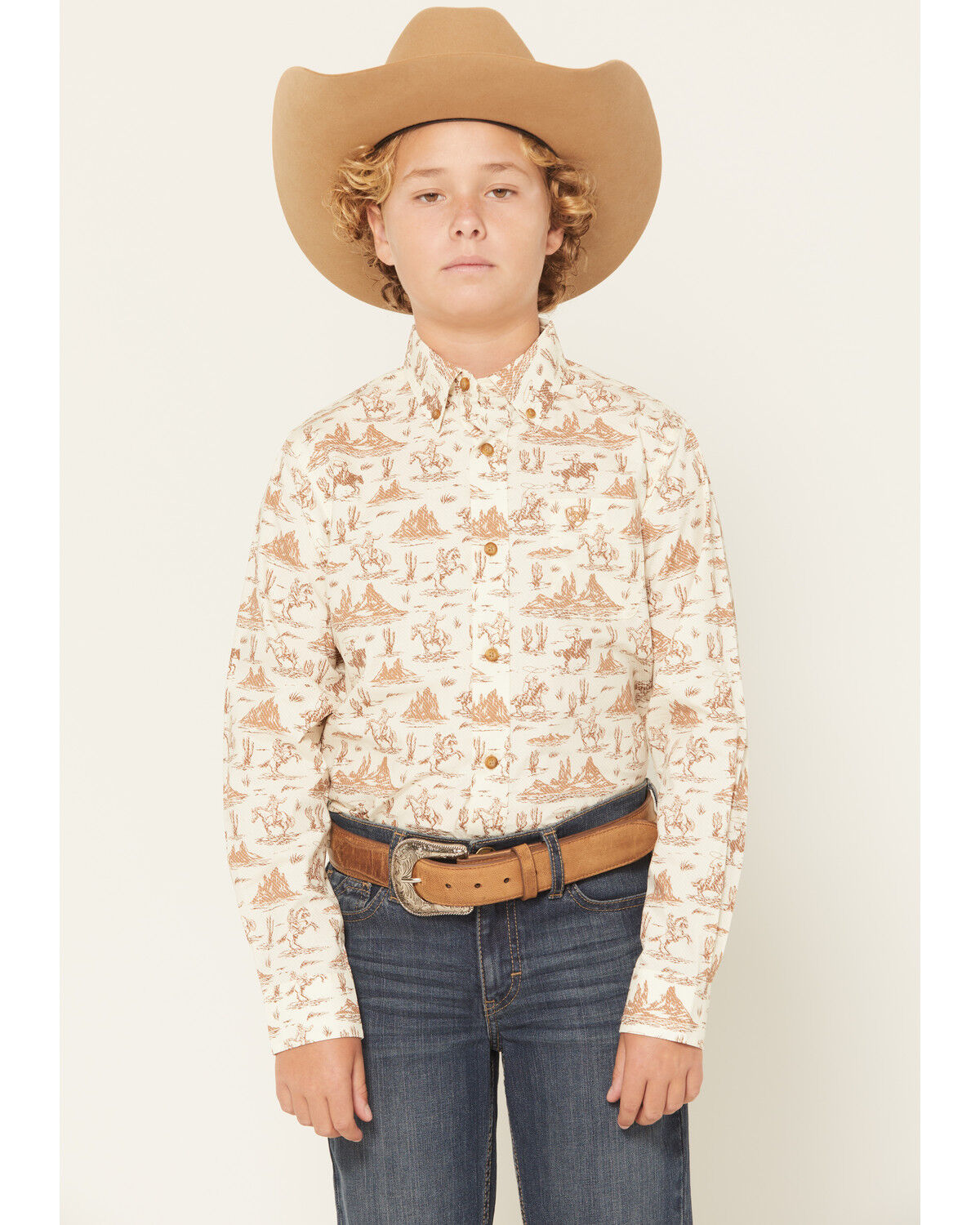 Image #1 - Ariat Boys' Conversation Print Long Sleeve Button-Down Western Shirt, Cream, hi-res
