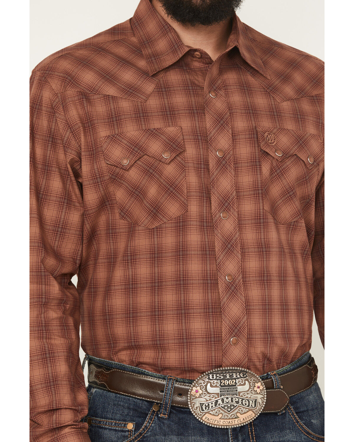 Image #3 - Wrangler Retro Men's Plaid Print Long Sleeve Snap Western Shirt, Rust Copper, hi-res