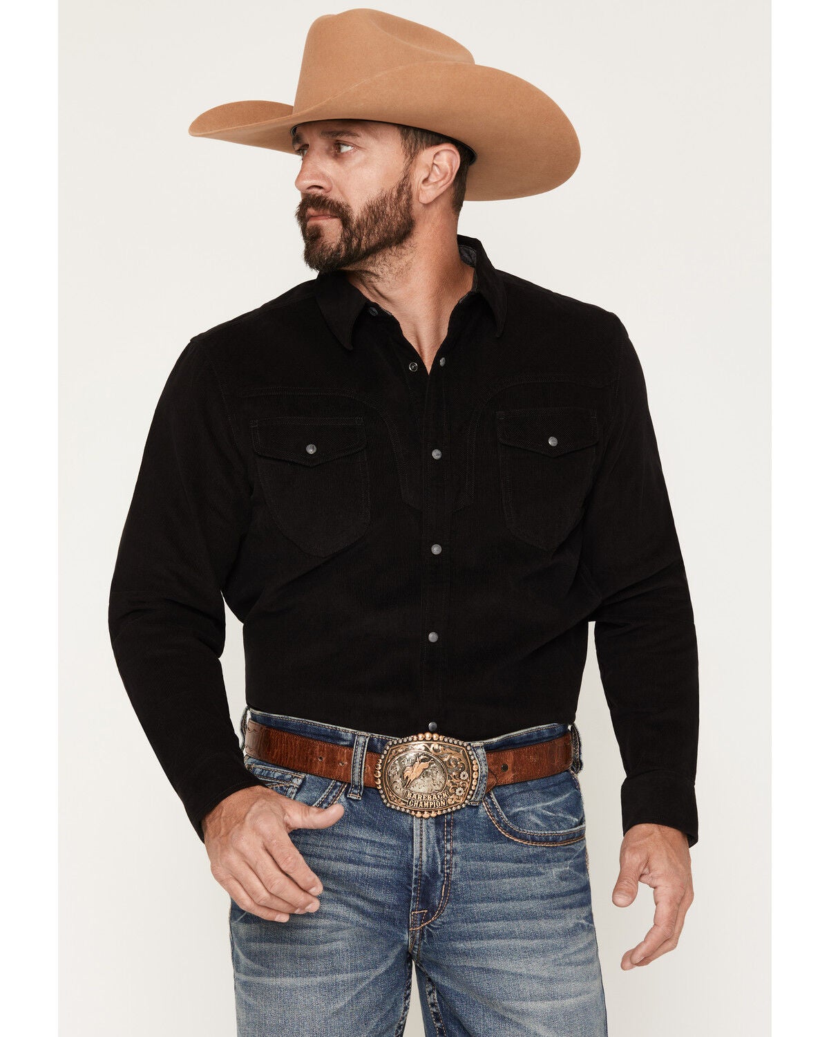 Cody James Men's Rusty Nail Solid Corduroy Long Sleeve Snap Western Shirt, Black, hi-res