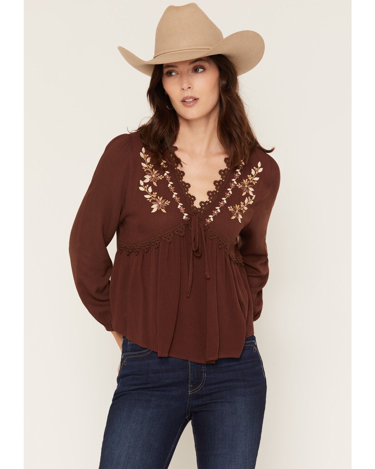 Image #1 - Wild Moss Women's Embroidered Long Sleeve Peasant Top, Brown, hi-res