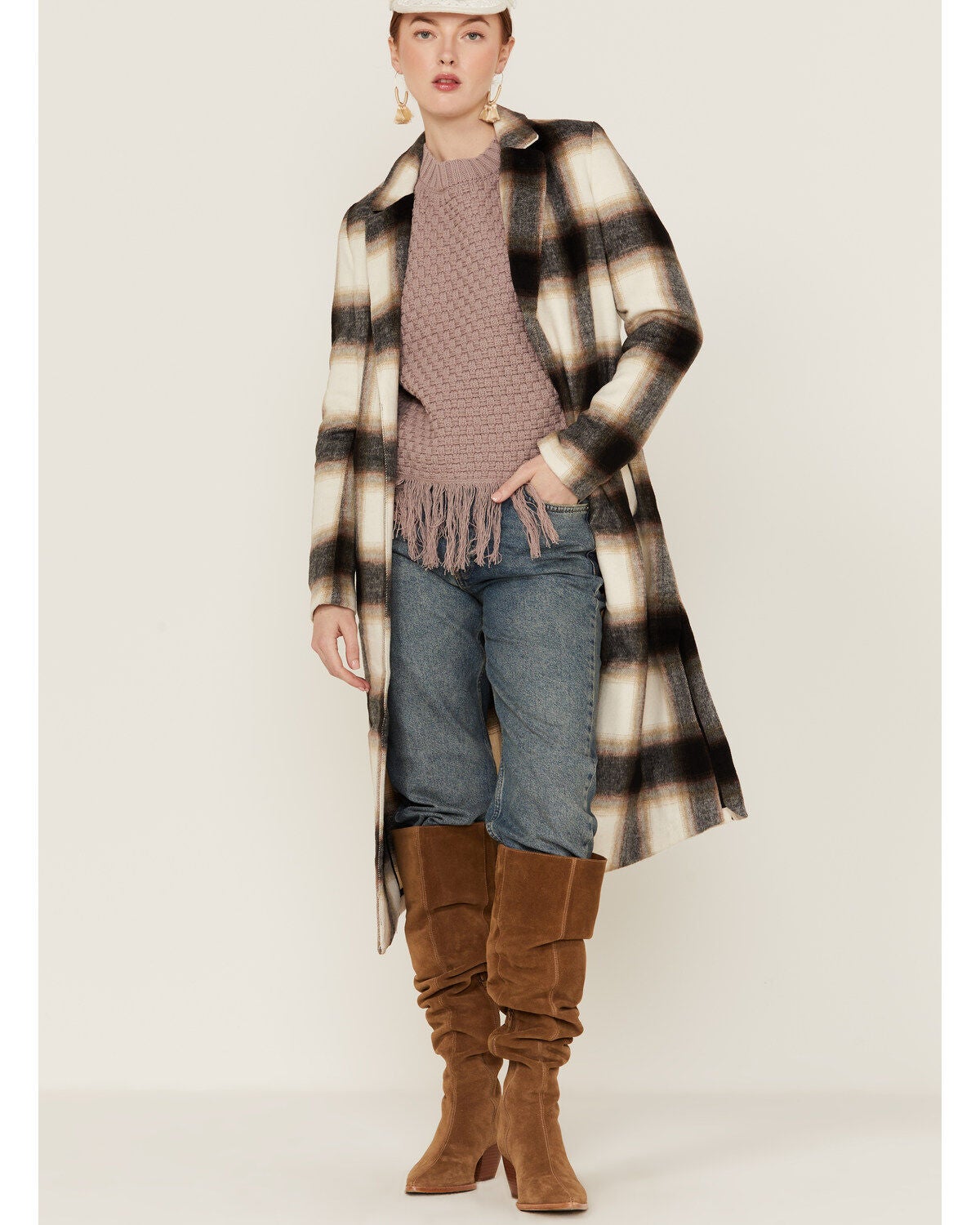 Angie Women's Plaid Black \u0026 Brown Duster Shacket
