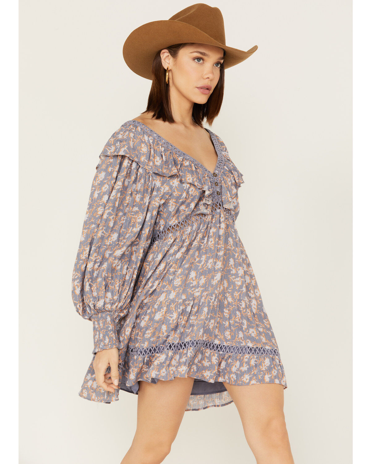Image #1 - Jen's Pirate Booty Women's Floral Print Long Sleeve Wildflower Lasi Mini Dress, Blue, hi-res