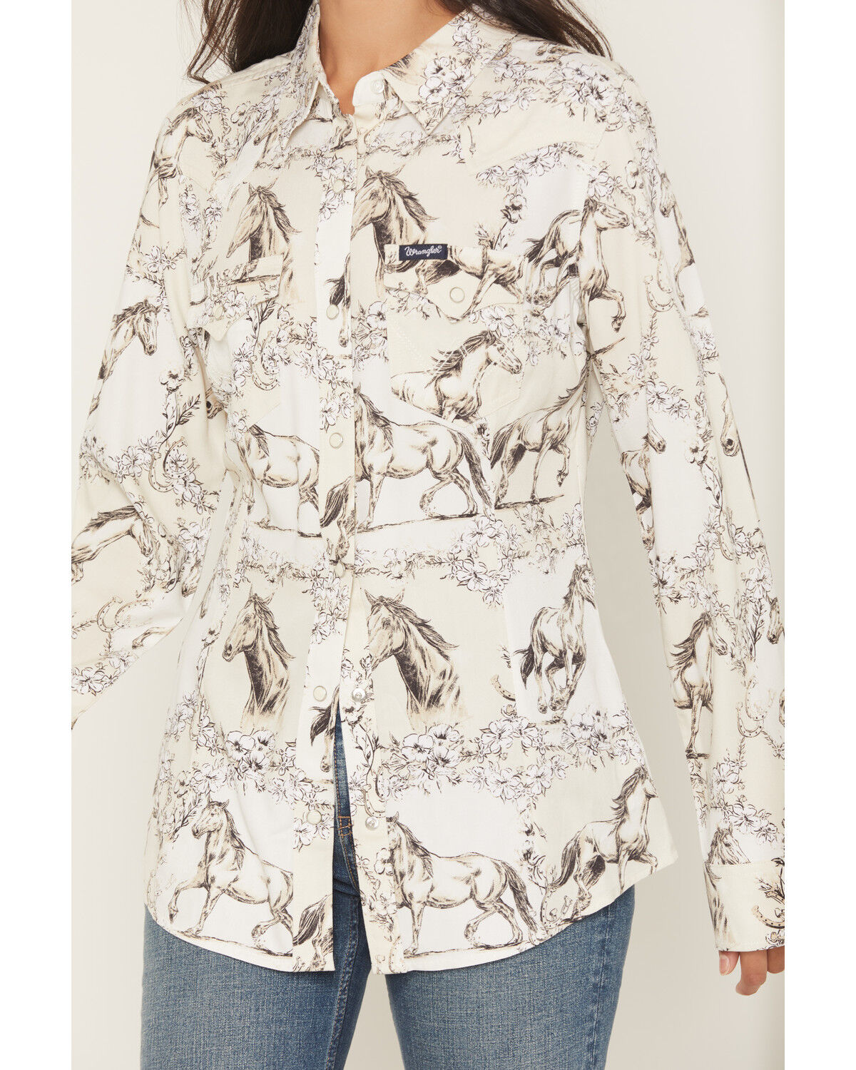 Image #3 - Wrangler Retro Women's Floral Horse Conversational Print Long Sleeve Snap Western Shirt, Cream, hi-res