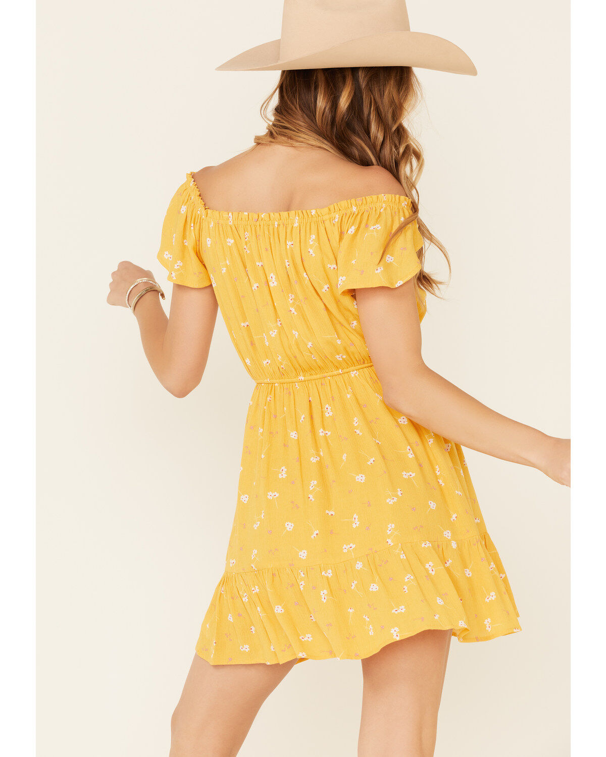 Image #4 - Miss Me Women's Floral Button Front Off-Shoulder Mini Dress, Yellow, hi-res