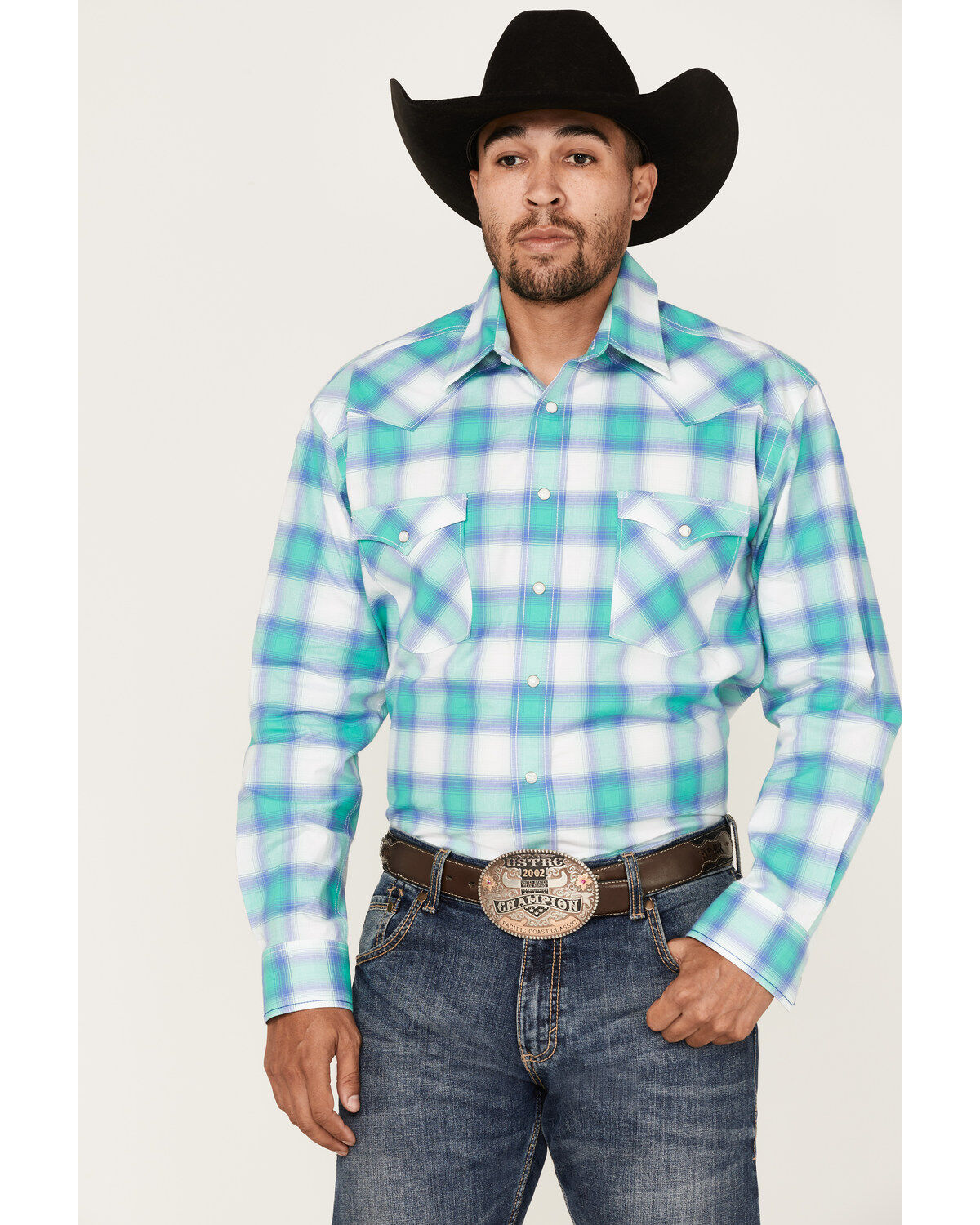 Image #1 - Rough Stock By Panhandle Men's Stretch Ombre Plaid Long Sleeve Pearl Snap Western Shirt, Aqua, hi-res