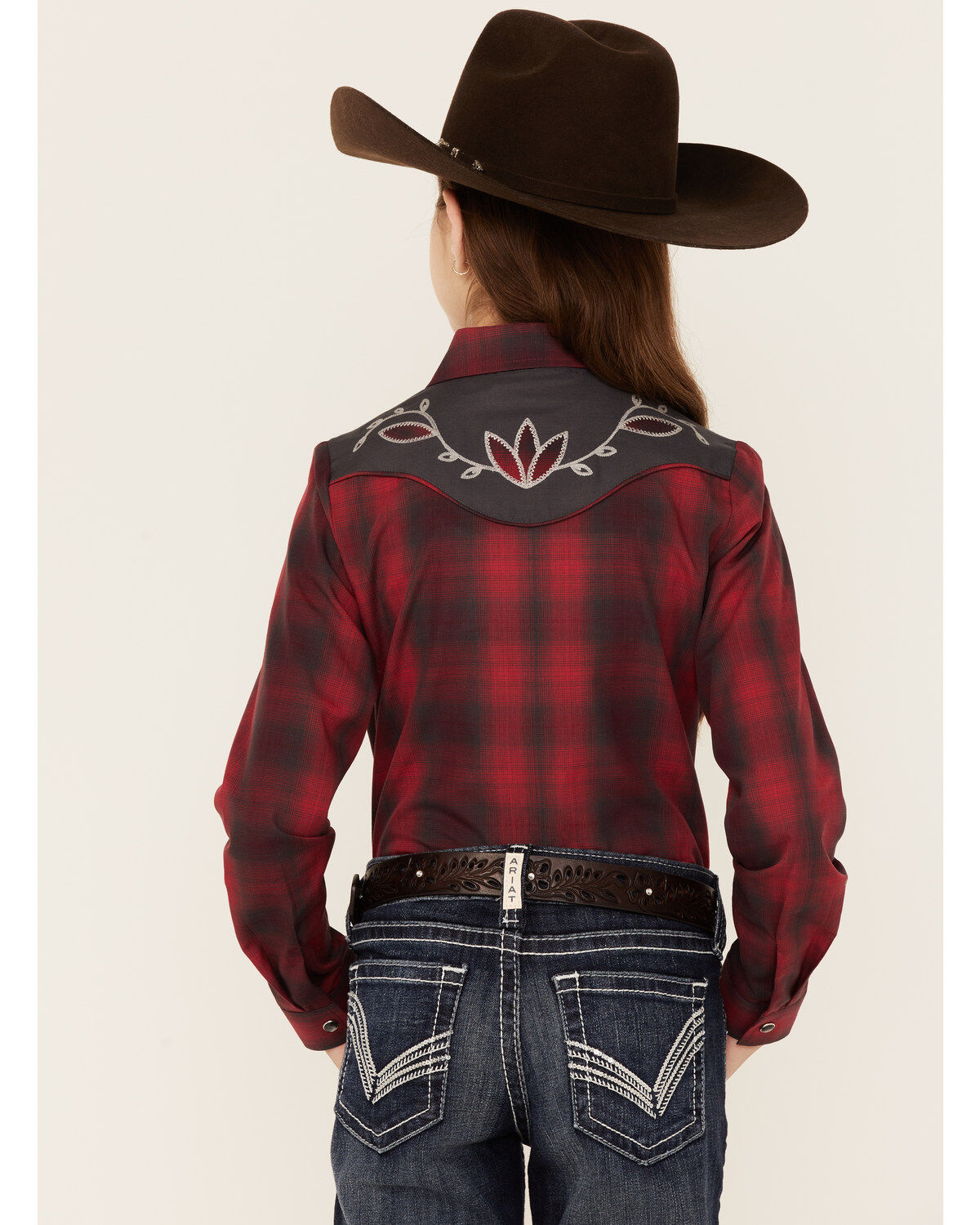 Image #3 - Roper Girls' Fancy Applique Plaid Long Sleeve Snap Western Shirt, Red, hi-res