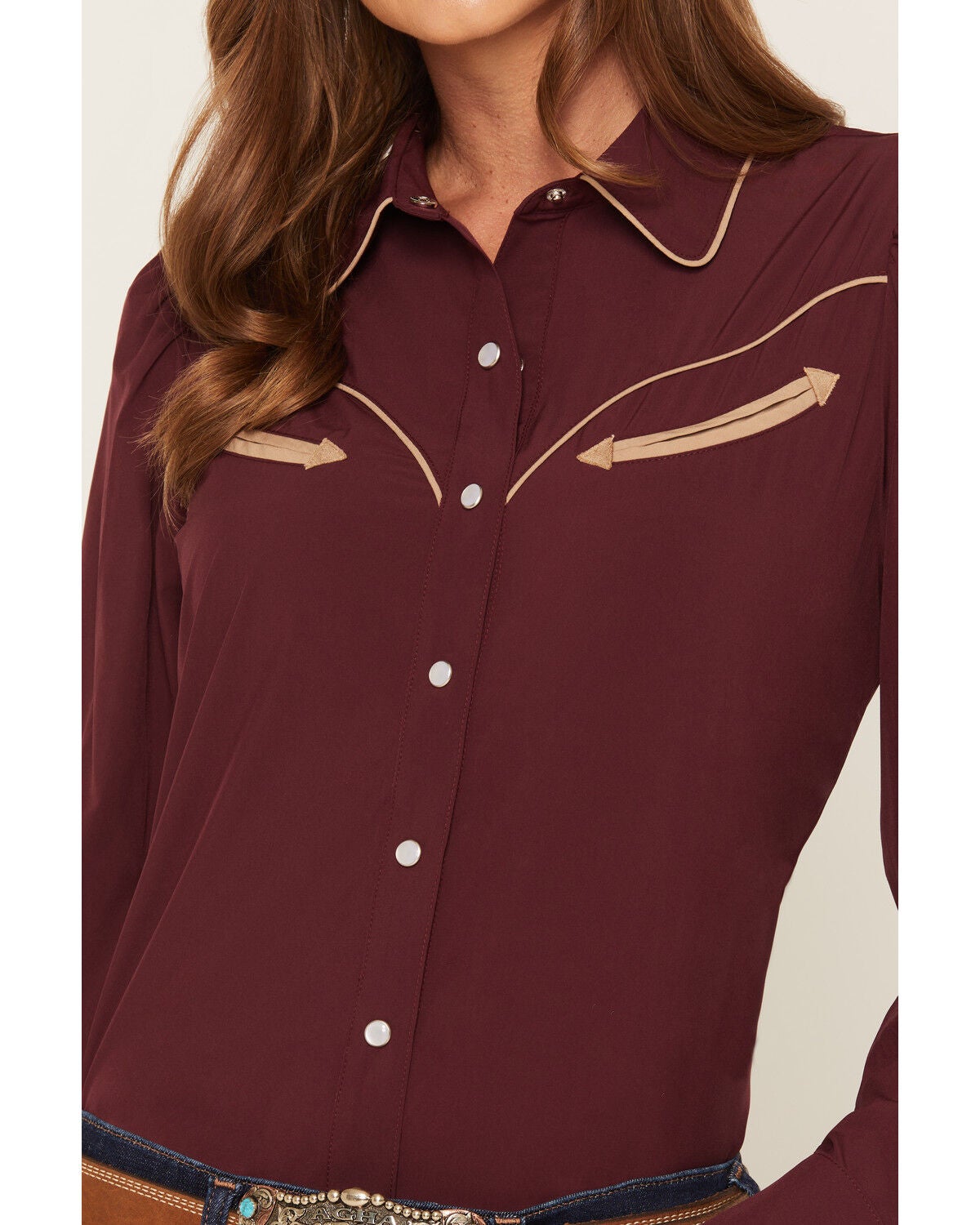 Image #3 - Howdy Hanny Women's Burgandy Solid Long Sleeve Pearl Snap Performance Stretch Western Shirt, , hi-res