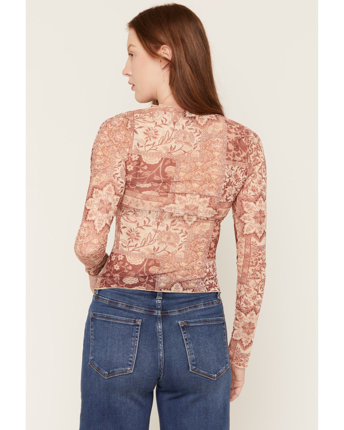 Image #4 - Trixxi Women's Bandana Print Long Sleeve Mesh Shirt, Rust Copper, hi-res