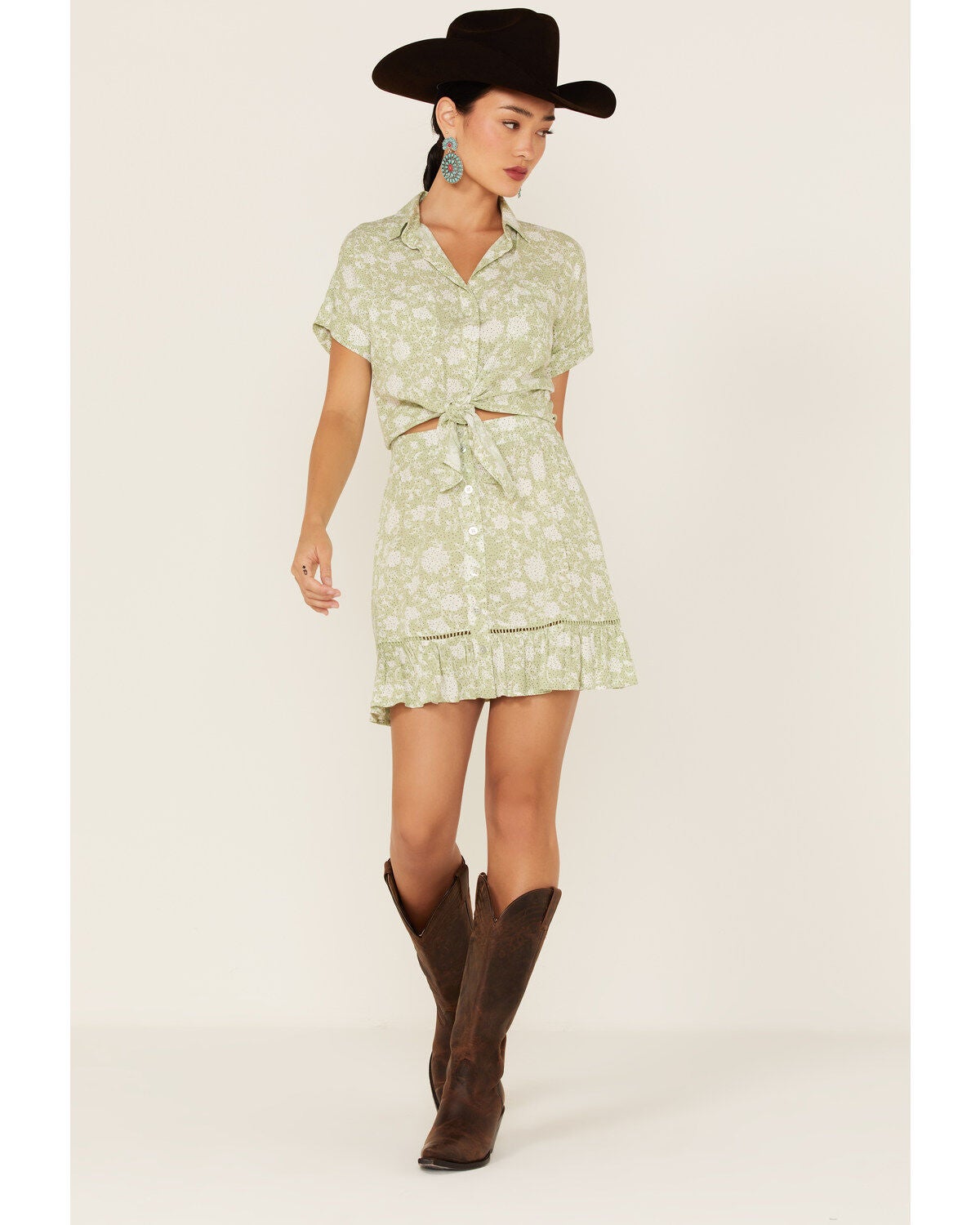 Shyanne Women's Floral Print Button Front Skirt, Seafoam, hi-res