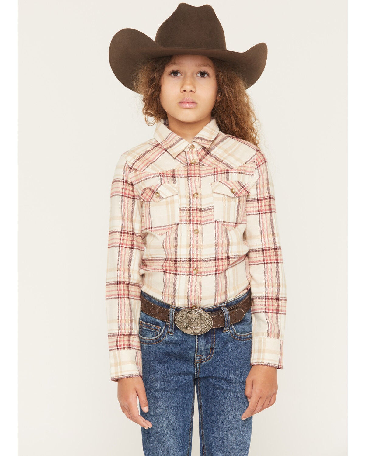 Shyanne Girls' Belle Plaid Print Long Sleeve Button-Down Flannel Shirt, Dark Pink, hi-res