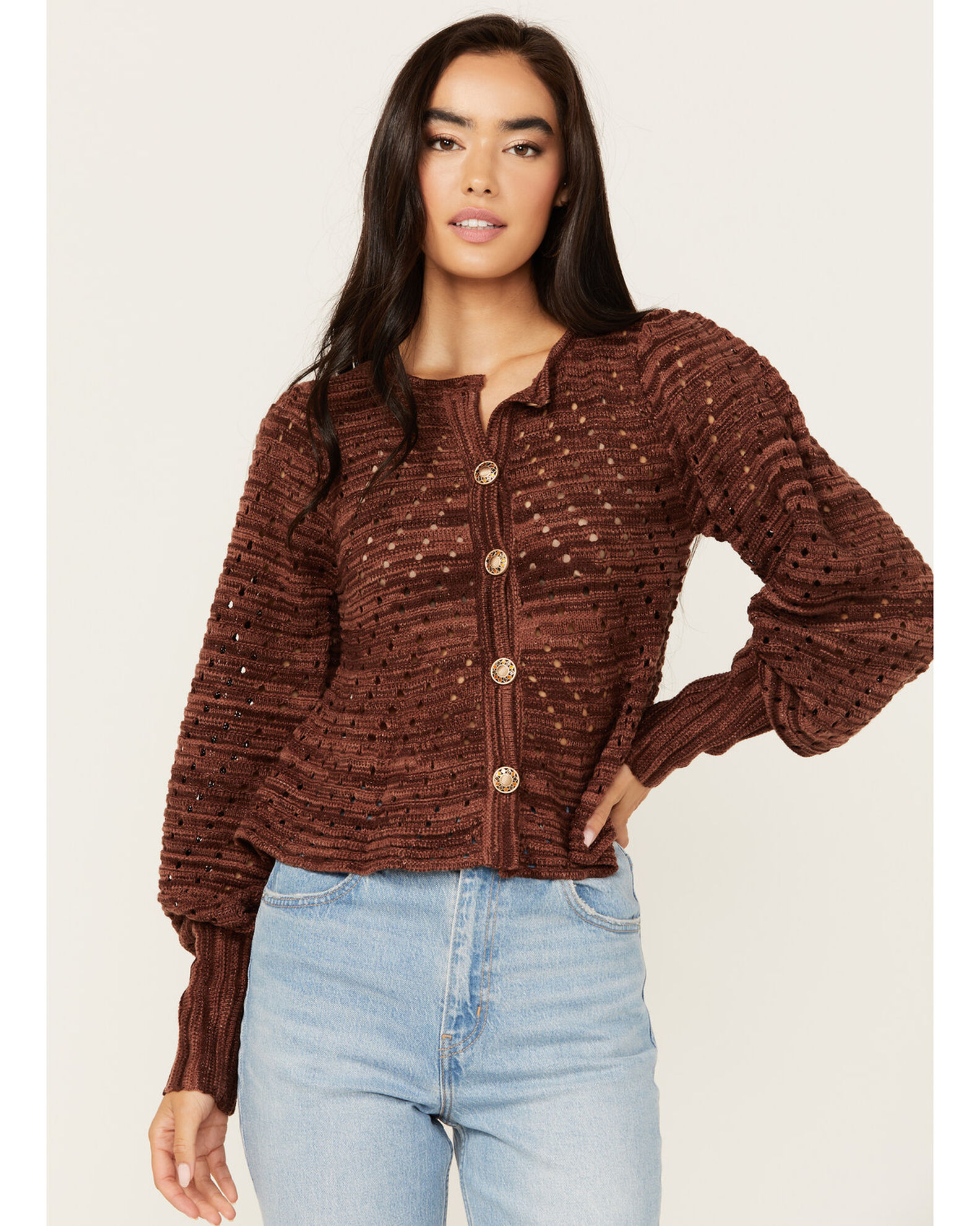 Image #1 - Miss Me Women's Open Weave Cardigan, Brown, hi-res