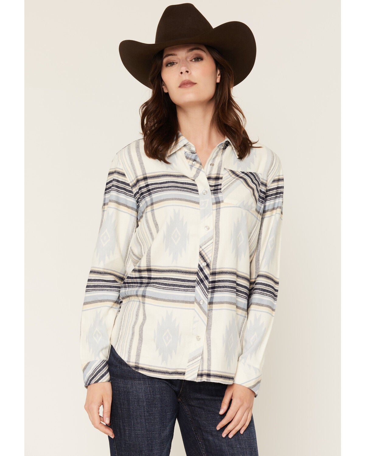 Idyllwind Women's Mayfair Southwestern Plaid Print Long Sleeve Pearl Snap Flannel Shirt, Dusty Blue, hi-res