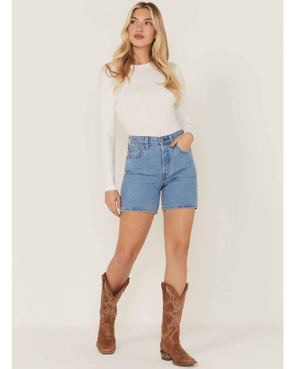 Levi's Women's 501&reg; Original Medium Wash High Rise Mid Thigh Stretch Denim Shorts, Medium Wash, hi-res