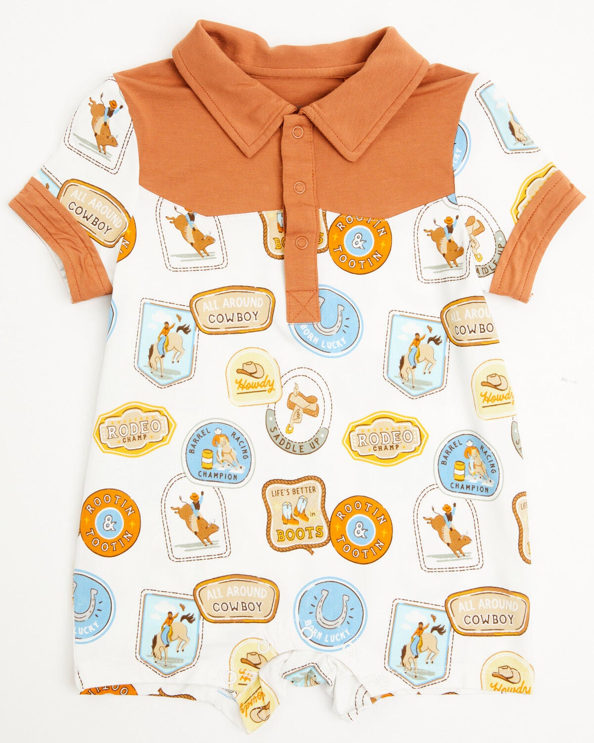 Image #1 - Angel Dear Infant Boys' Rodeo Patches Short Sleeve Snap Onesie, White, hi-res