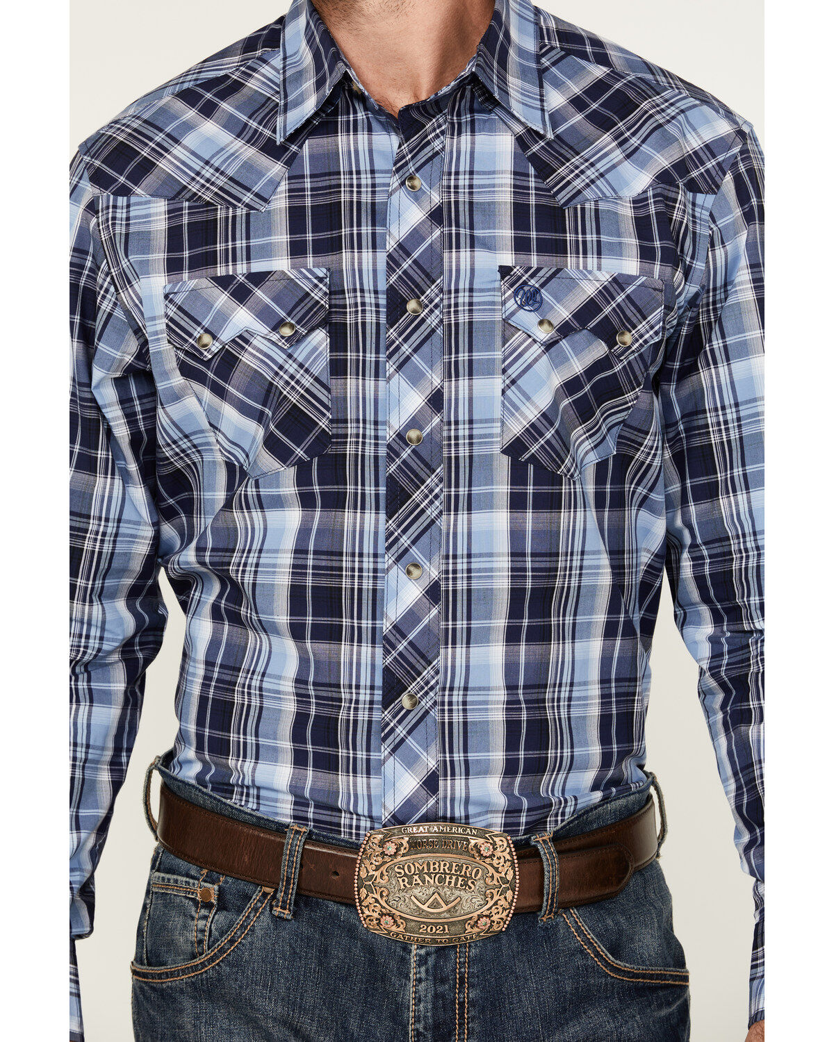 Image #3 - Wrangler Retro Men's Plaid Print Long Sleeve Snap Western Shirt, Blue, hi-res
