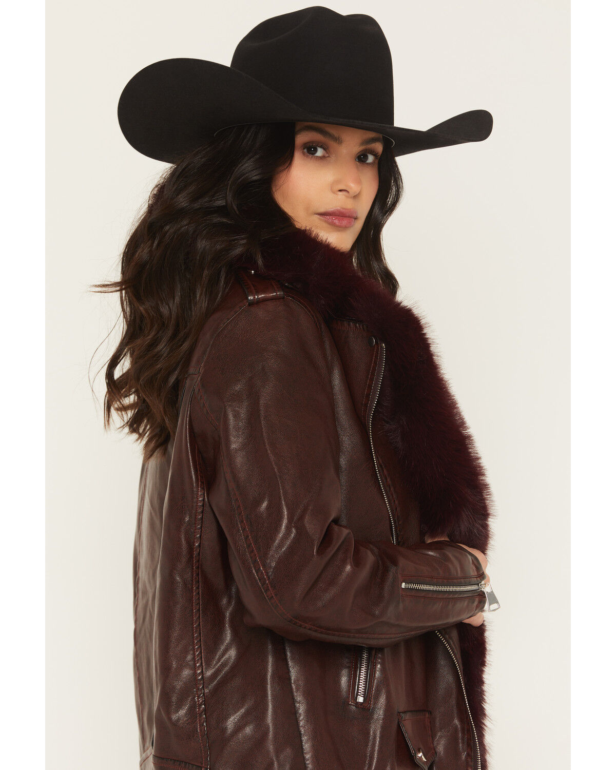 Image #2 - Azalea Wang Women's Aurelia Faux Fur Leather Jacket, Burgundy, hi-res