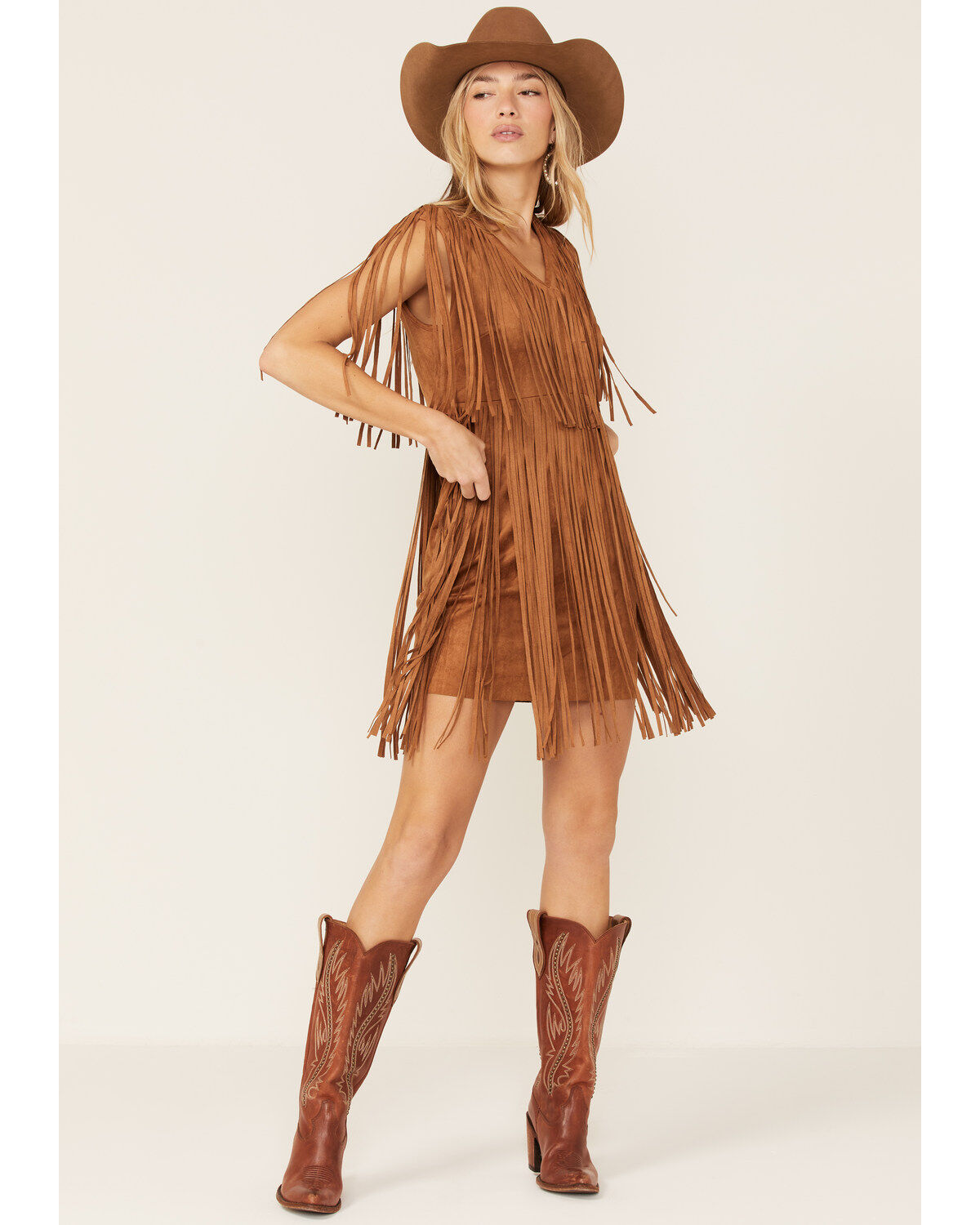 Image #4 - Vocal Women's Fringe Tiered V-Neck Dress, Camel, hi-res