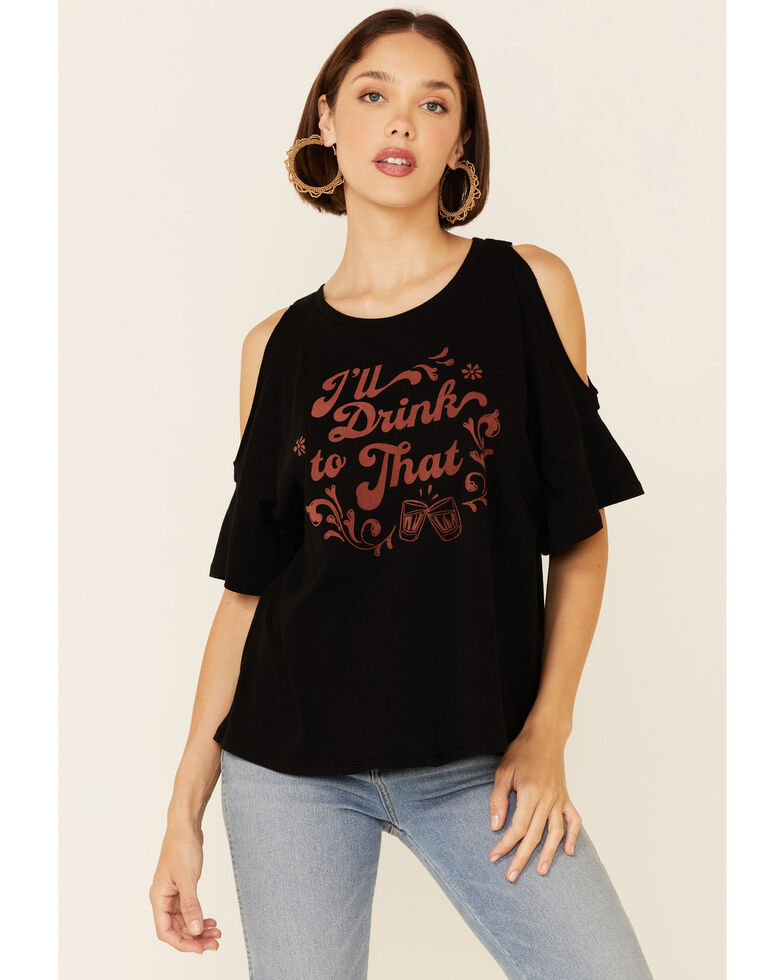 White Crow Women's I'll Drink To That Graphic Short Sleeve Cold Shoulder Top , Black, hi-res