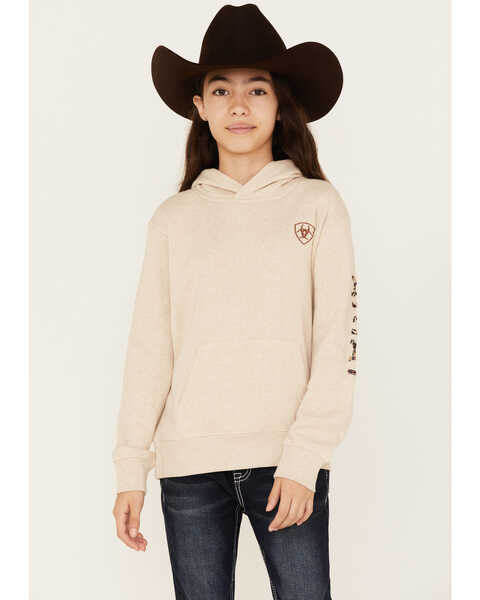 Ariat Girls' R.E.A.L. Embroidered Leopard Logo Hoodie, Oatmeal, hi-res