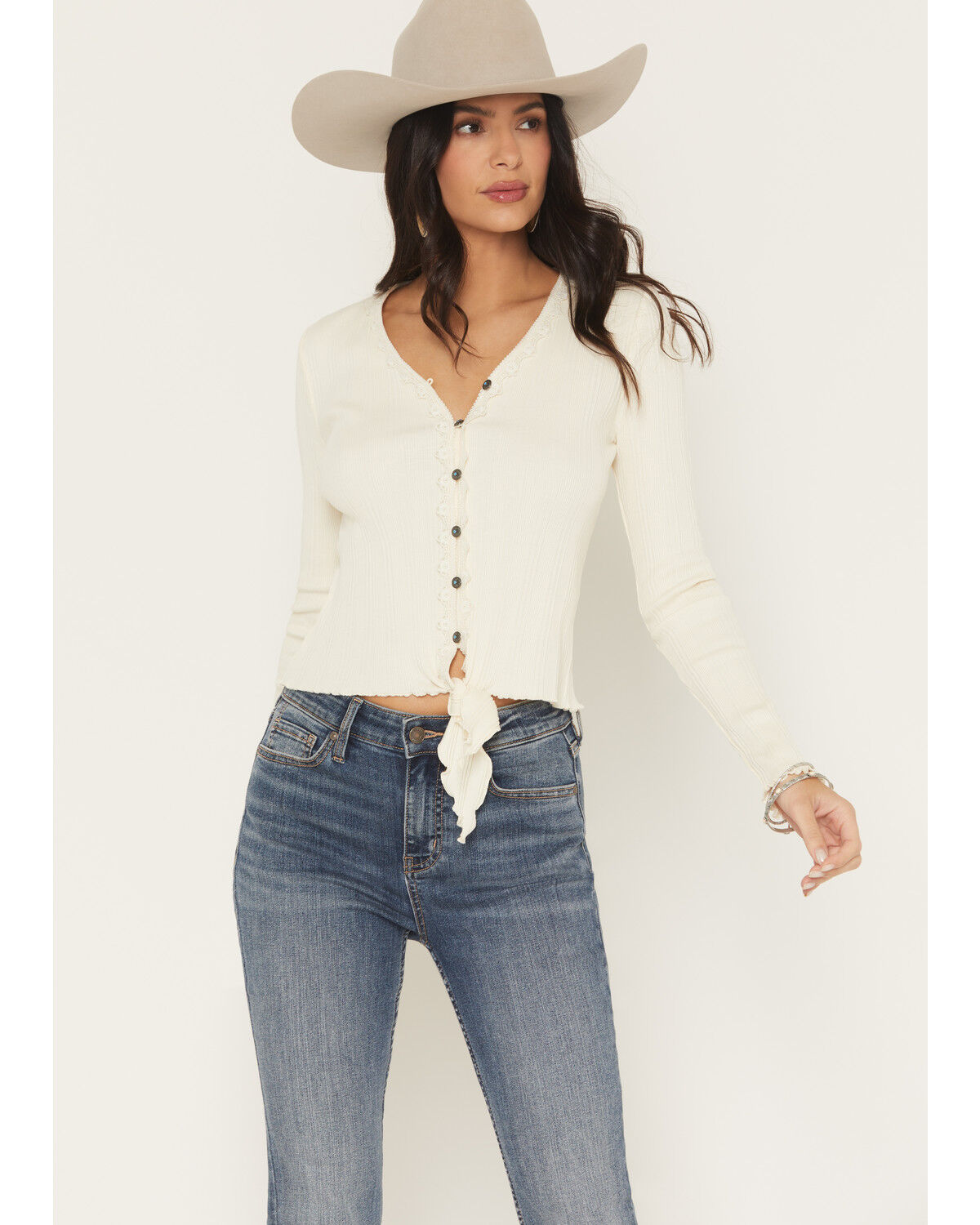 Shyanne Women's Lace Trim Tie-Front Long Sleeve Top, Cream, hi-res