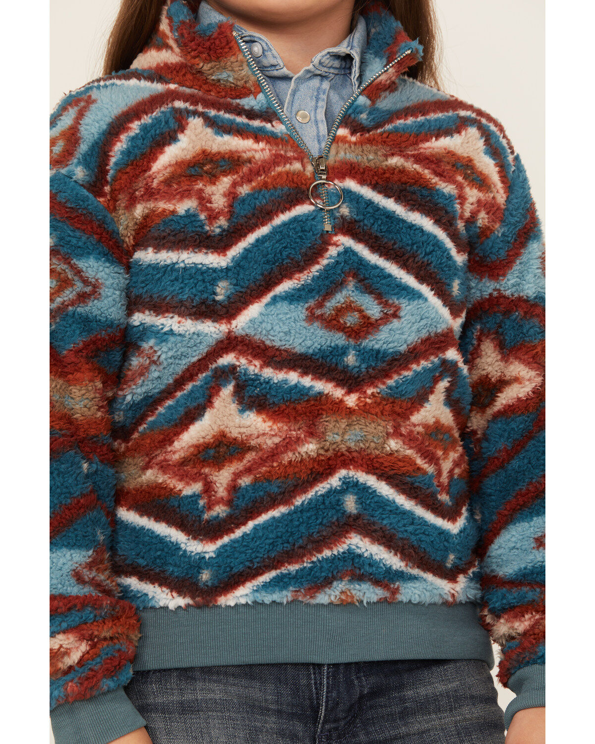 Image #3 - Rock & Roll Denim Girls' Southwestern Print Sherpa Pullover, Blue, hi-res