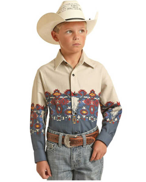 Panhandle Boys' Southwestern Steer Head Long Sleeve Snap Western Shirt, Tan, hi-res