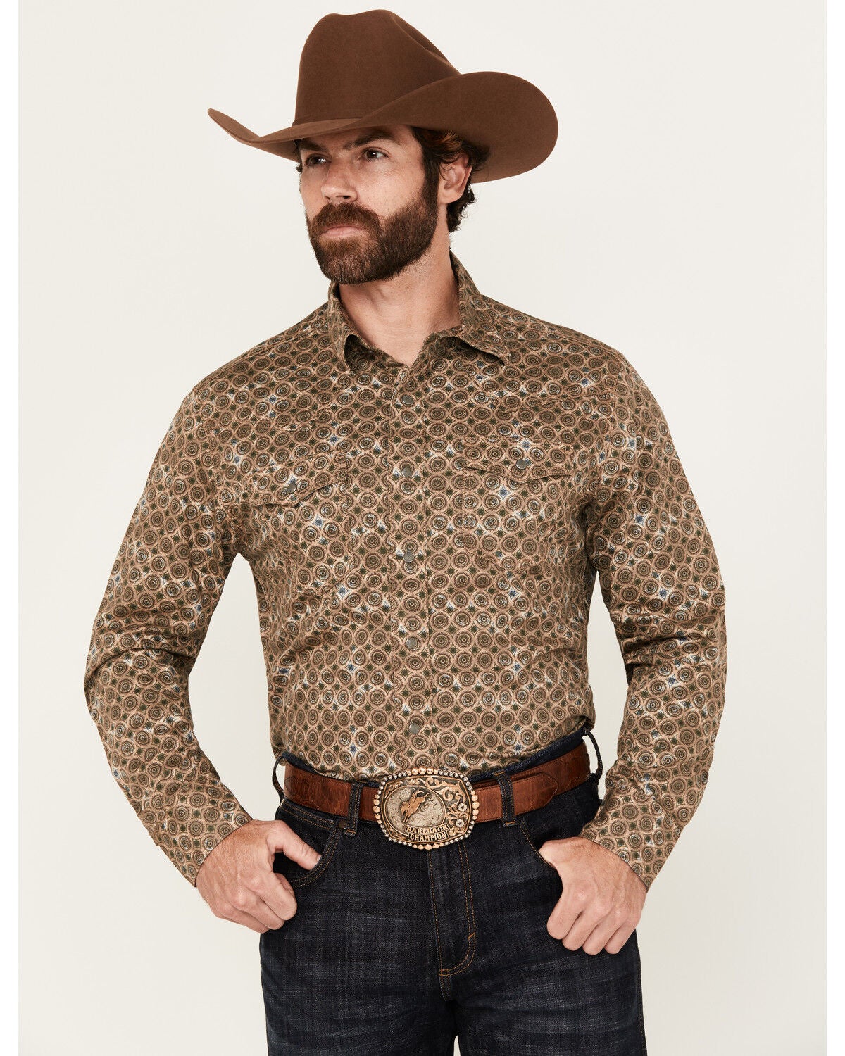 Wrangler Retro Men's Medallion Print Long Sleeve Snap Western Shirt, Brown, hi-res