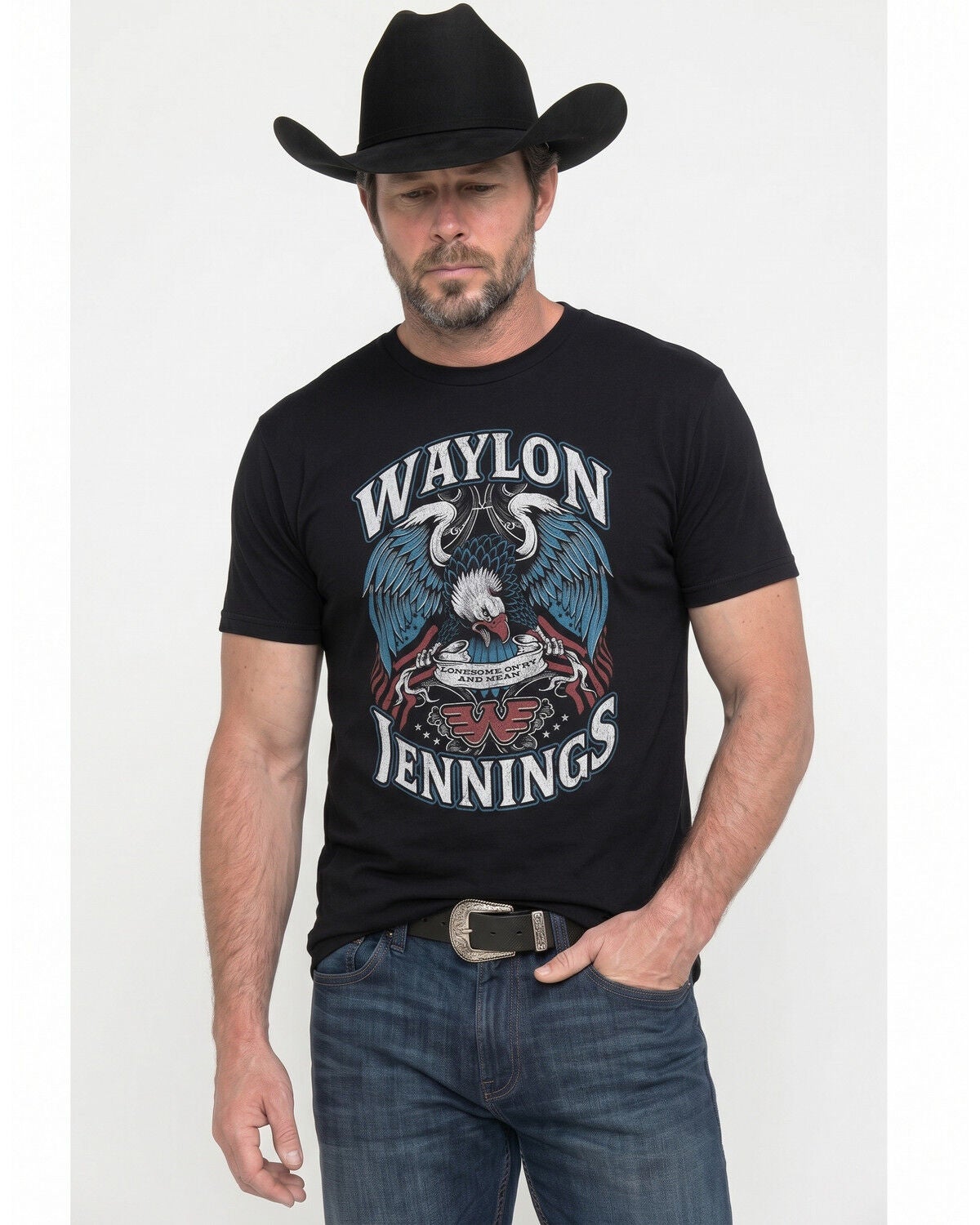 Image #1 - Americana Men's Waylon Jennings Lonesome Short Sleeve Graphic T-Shirt, Black, hi-res