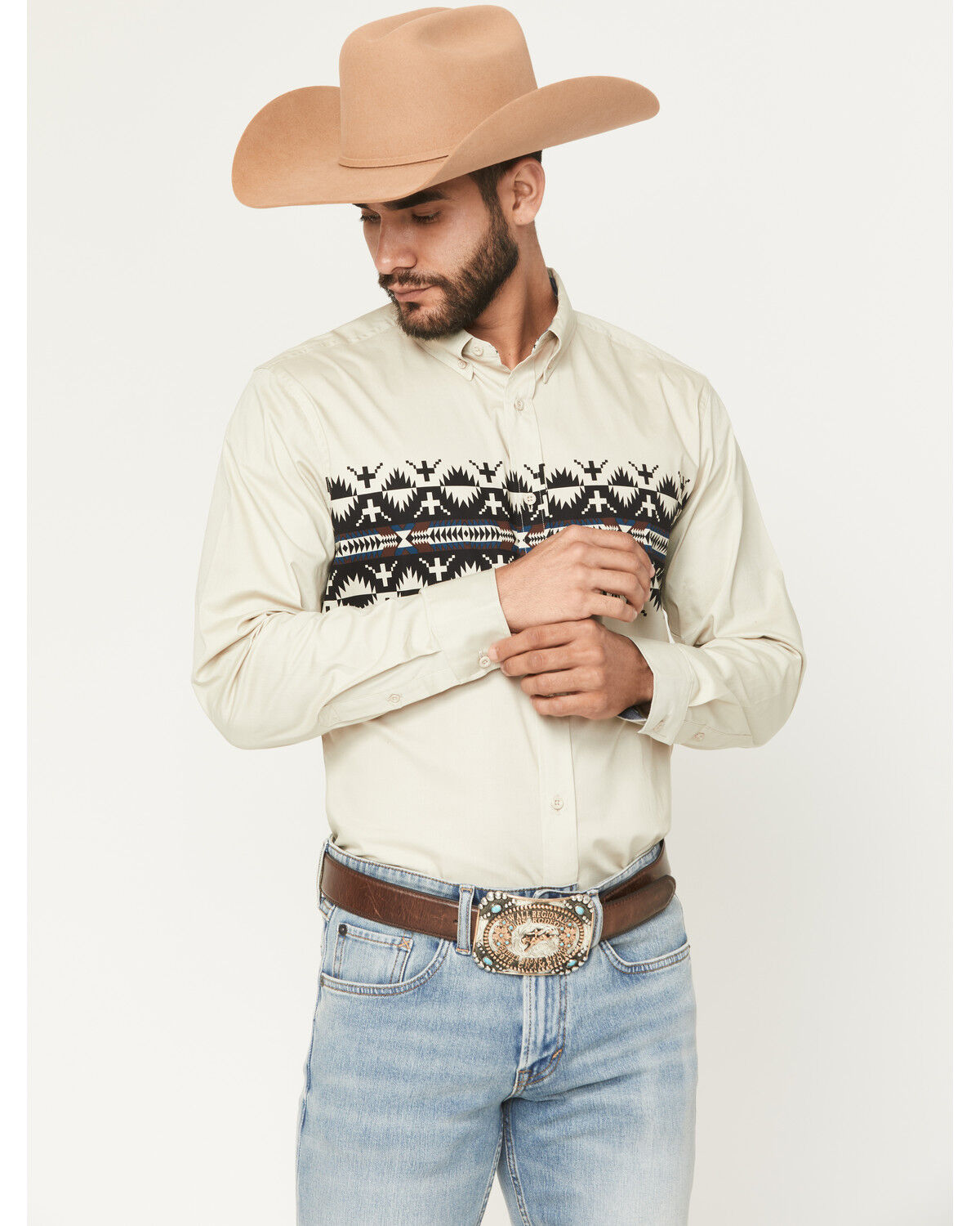 Image #1 - RANK 45® Men's Olympic Southwestern Border Long Sleeve Button-Down Stretch Western Shirt, Tan, hi-res