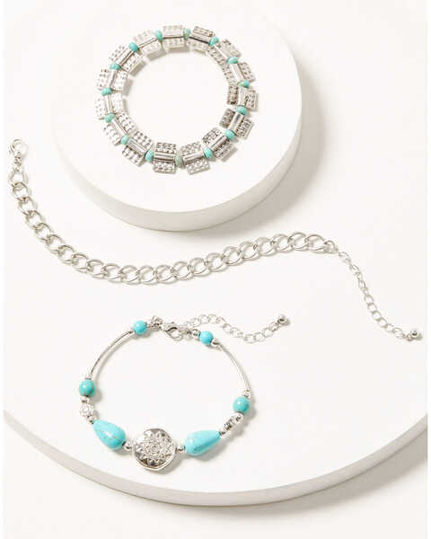 Shyanne Women's Silver & Turquoise Beaded Medallion Chain Bracelet Set, Silver, hi-res