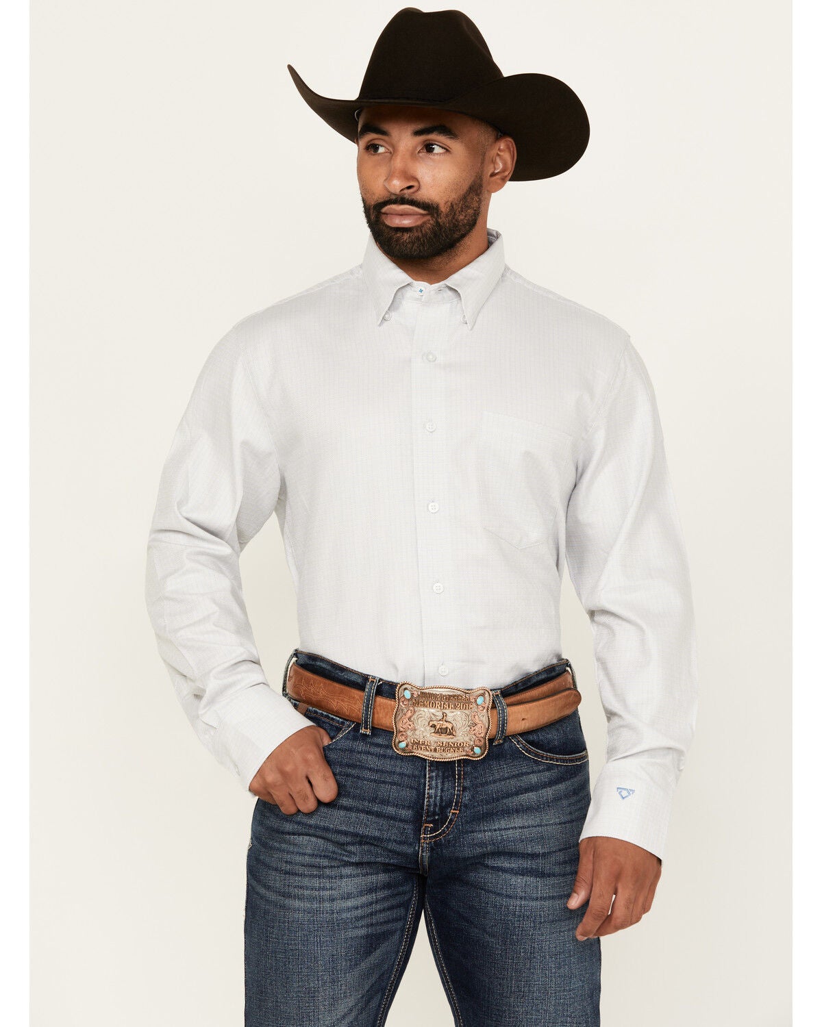 Wrangler X Cody Johnson Men's Checkered Print Long Sleeve Button-Down Western Shirt, Grey, hi-res