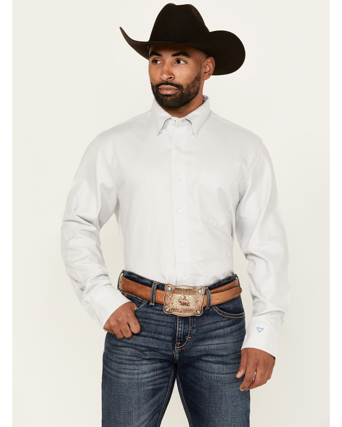 Image #1 - Wrangler X Cody Johnson Men's Checkered Print Long Sleeve Button-Down Western Shirt, Grey, hi-res