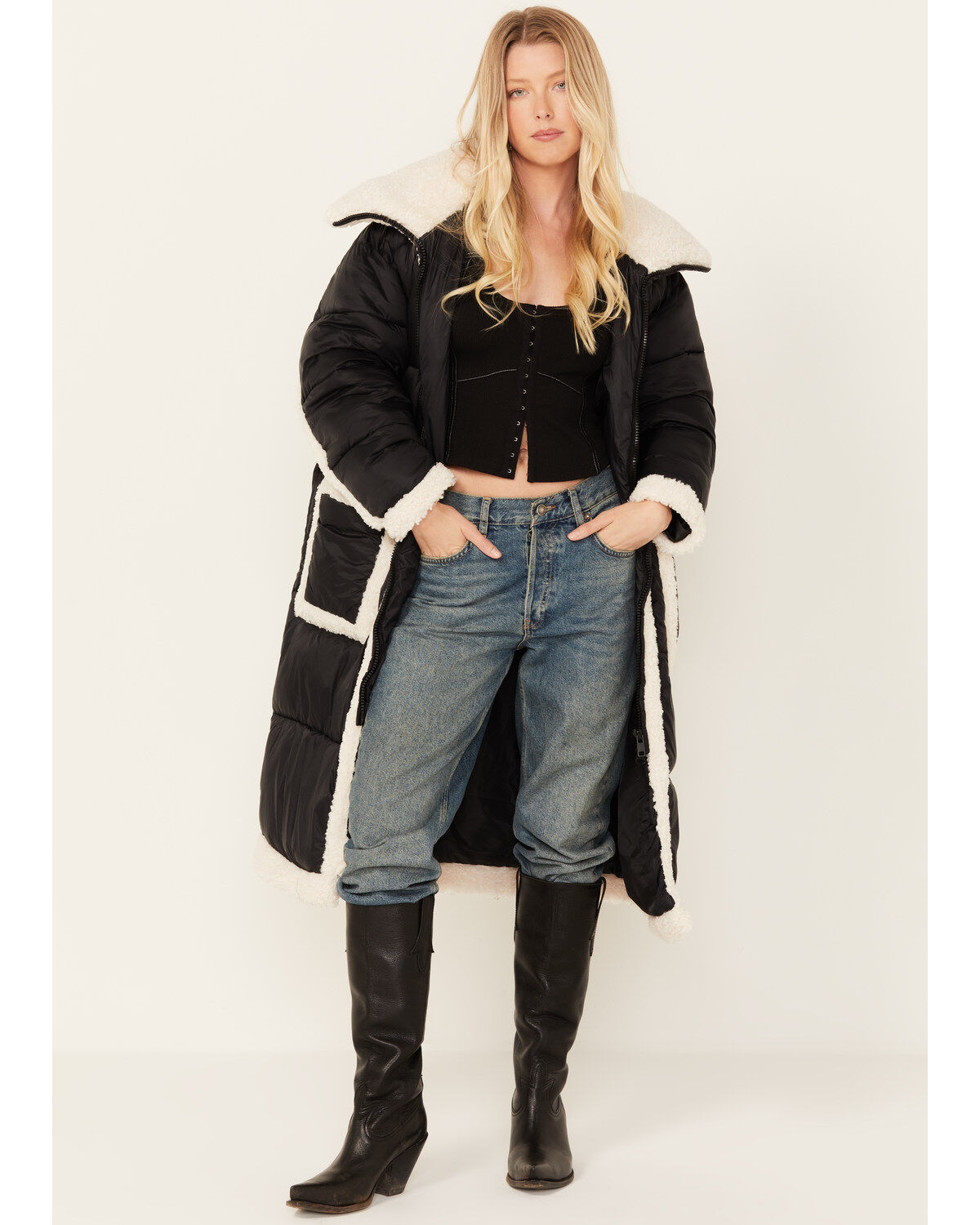 Image #1 - Room 34 Women's Sherpa Puffer Coat, Black, hi-res