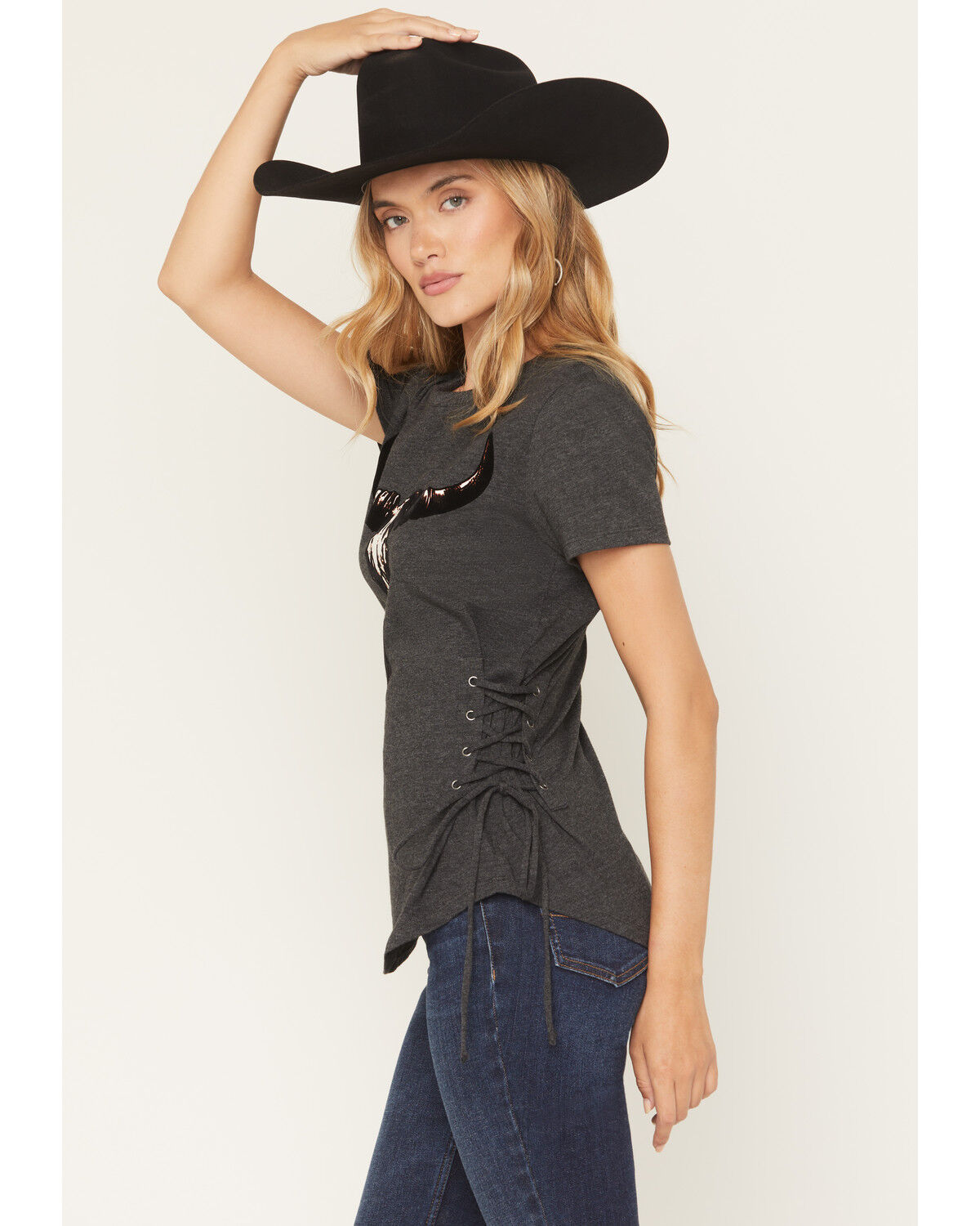 Image #2 - Blended Women's Bull Skull Short Sleeve Graphic Tee, Charcoal, hi-res