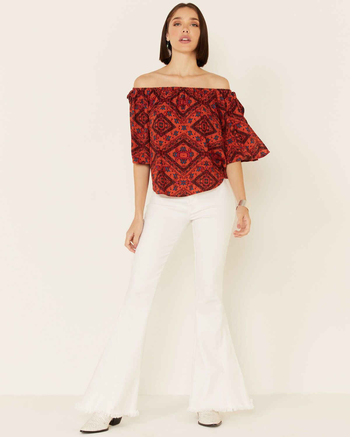 Image #2 - Shyanne Women's Chili Tile Print Tie Sleeve Off-Shoulder Top, Chilli, hi-res