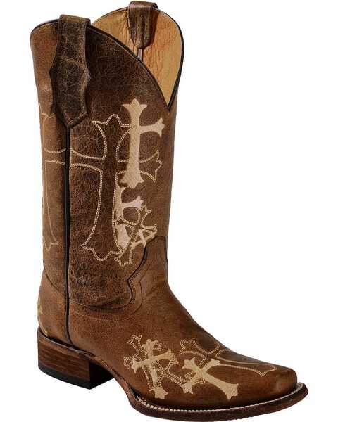 Circle G Women's Cross Embroidered Square Toe Western Boots, Chocolate, hi-res