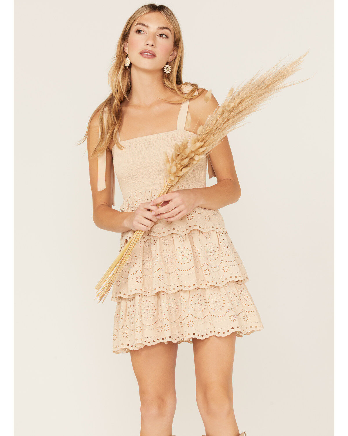 Image #1 - Jolt Women's Smocked Tiered Lace Mini Dress, Off White, hi-res