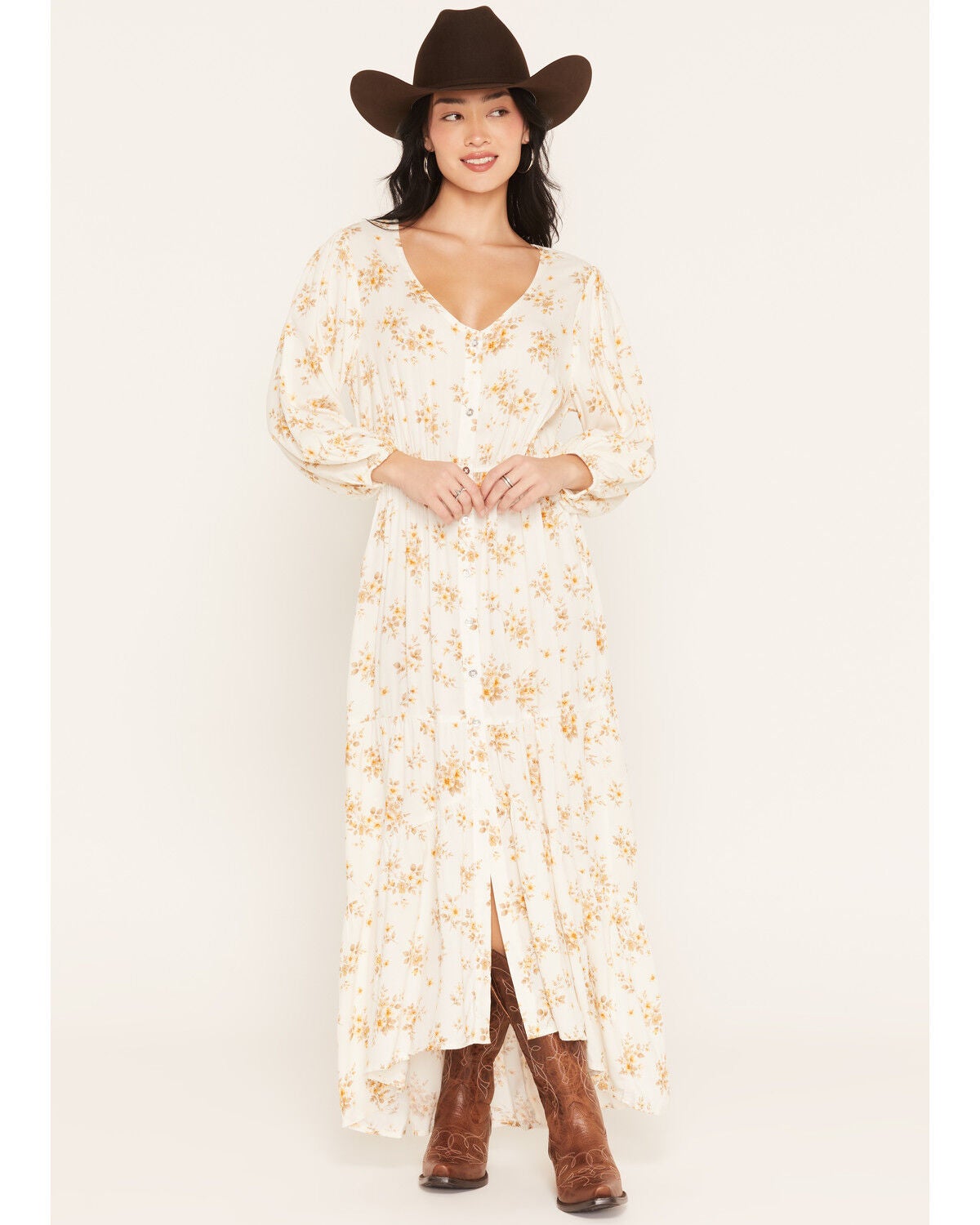 Cotton & Rye Women's Boot Barn Exclusive Floral Print Button-Front High-Low Midi Dress, Ivory, hi-res