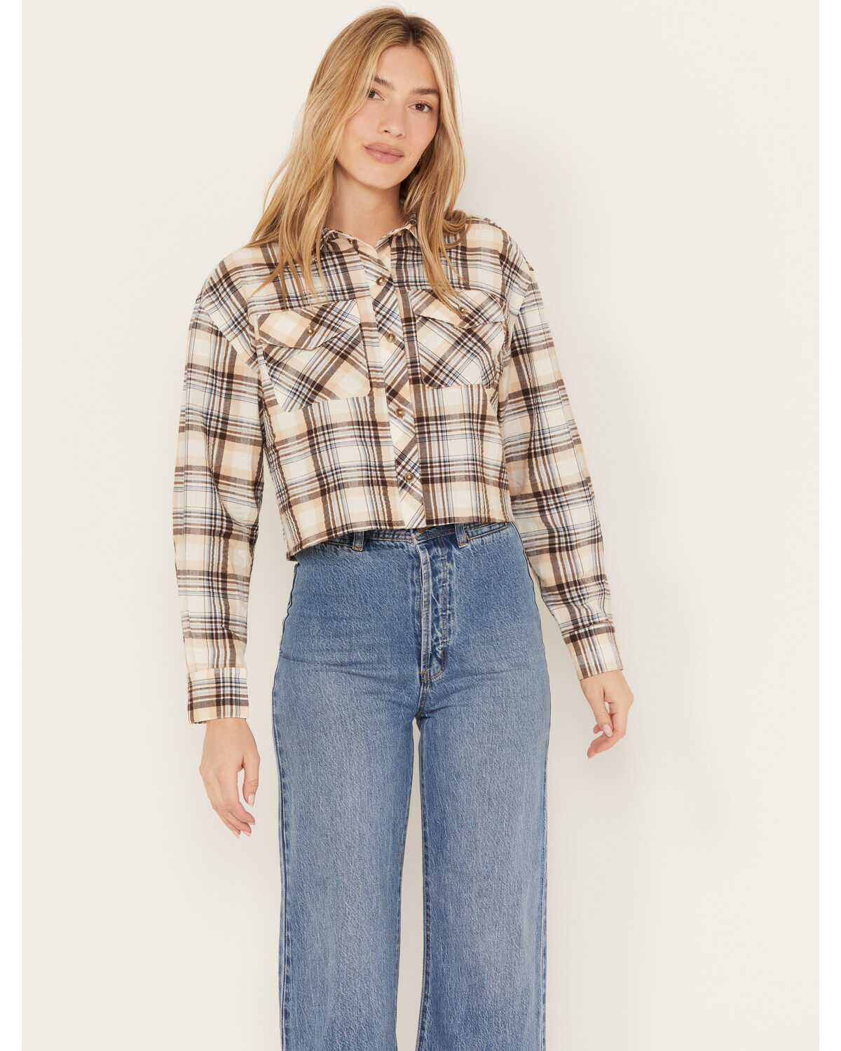 Image #1 - Cleo + Wolf Women's Plaid Print Cropped Shirt, Cream, hi-res