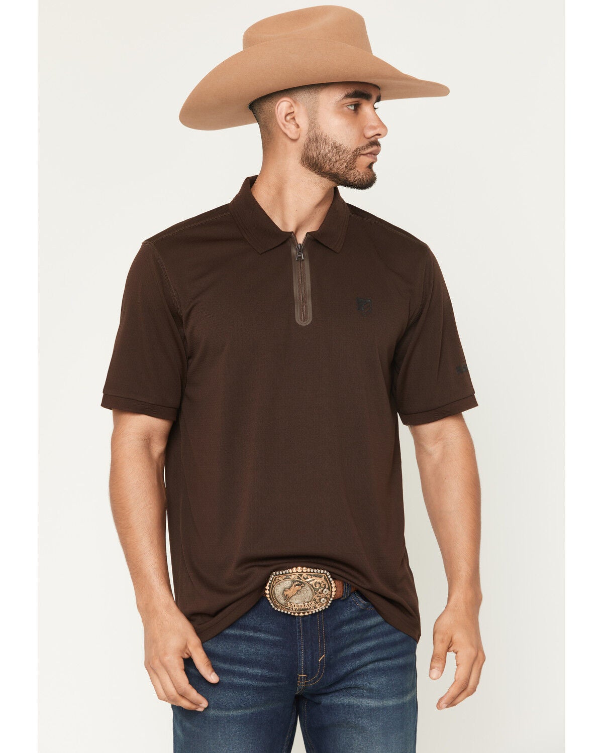 RANK 45&reg; Men's Rigged Solid Zipper Polo, Brown, hi-res