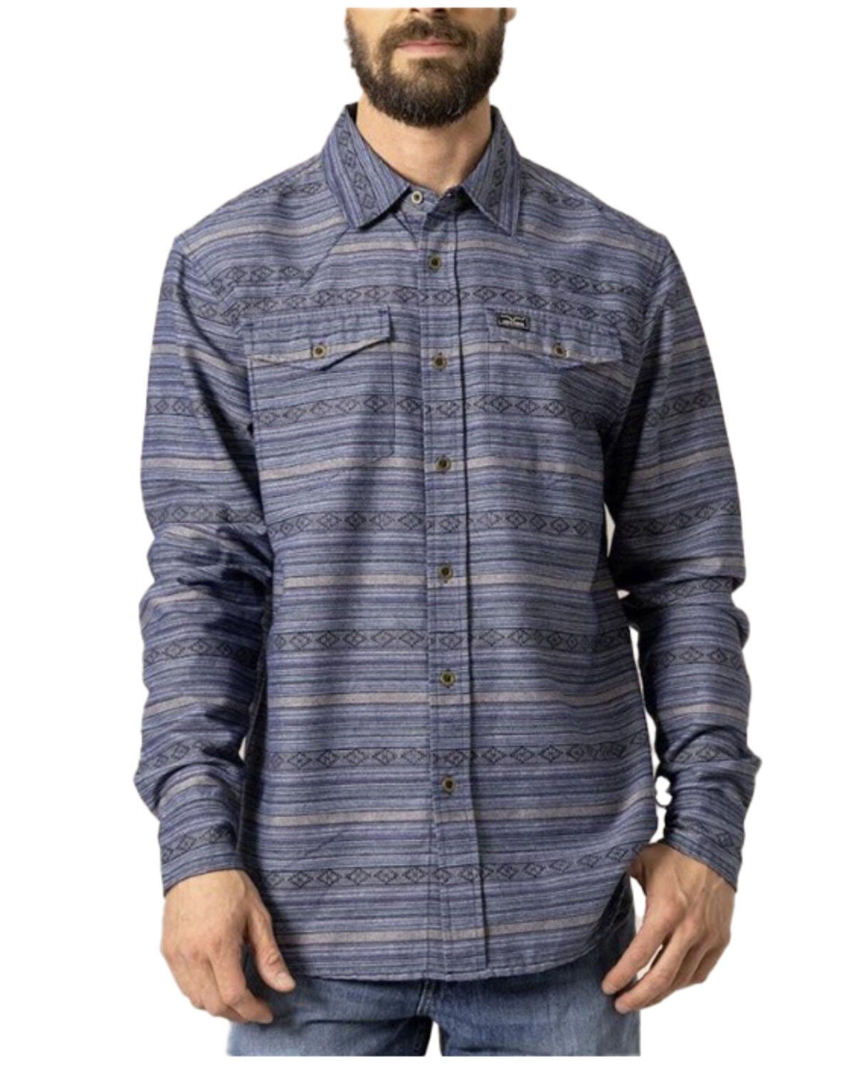 Kimes Ranch Men's Ortega Southwestern Striped Print Long Sleeve Button-Down Western Shirt, Indigo, hi-res