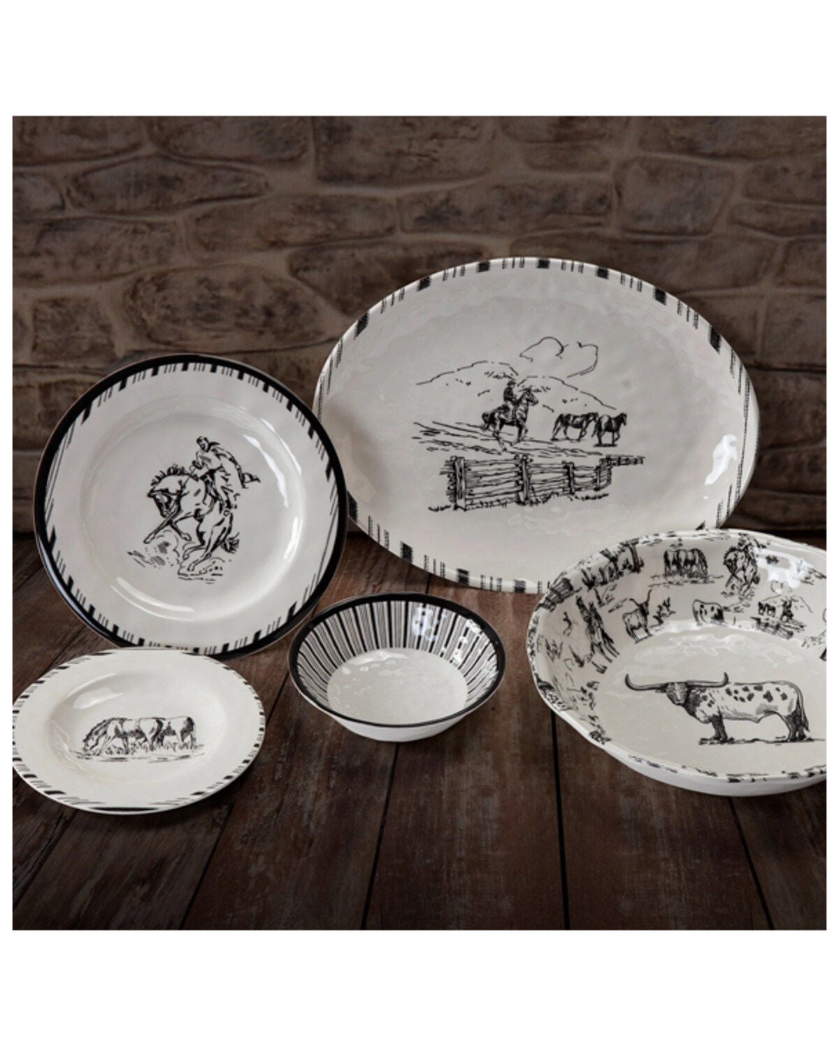 HiEnd Accents 14-Piece Ranch Life Melamine Dinnerware Set, Black/white, hi-res