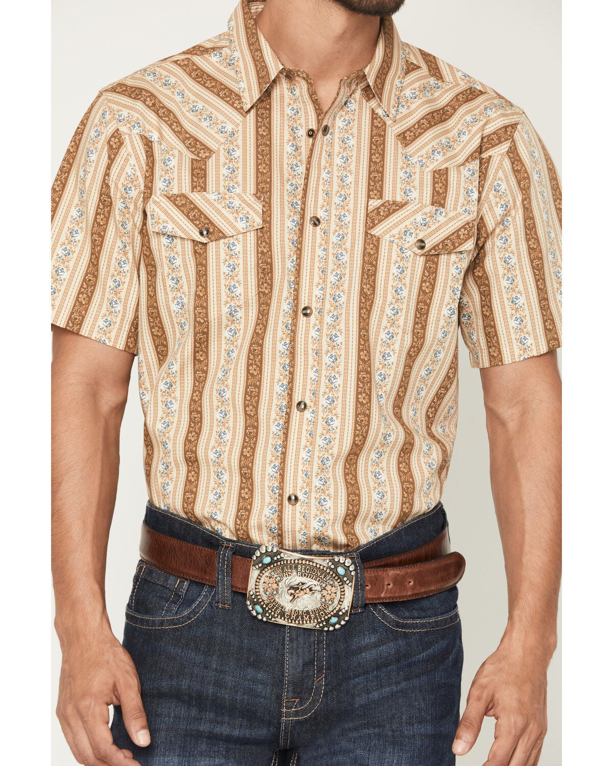 Image #3 - Gibson Trading Co Men's Calico Saloon Floral Striped Short Sleeve Snap Western Shirt - Tall, Cream, hi-res