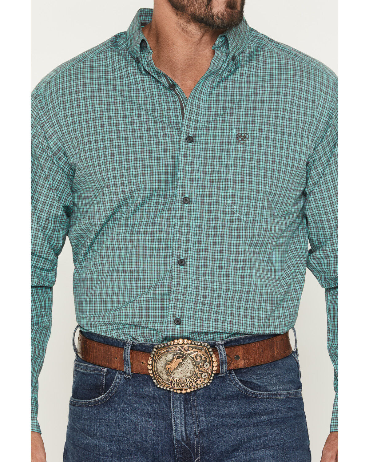 Image #3 - Ariat Men's Pro Series Brooks Plaid Print Long Sleeve Button-Down Stretch Western Shirt, Aqua, hi-res