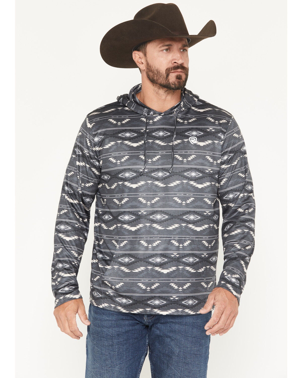 Rock & Roll Denim Men's Southwestern Striped Performance Hooded Sweatshirt, Charcoal, hi-res