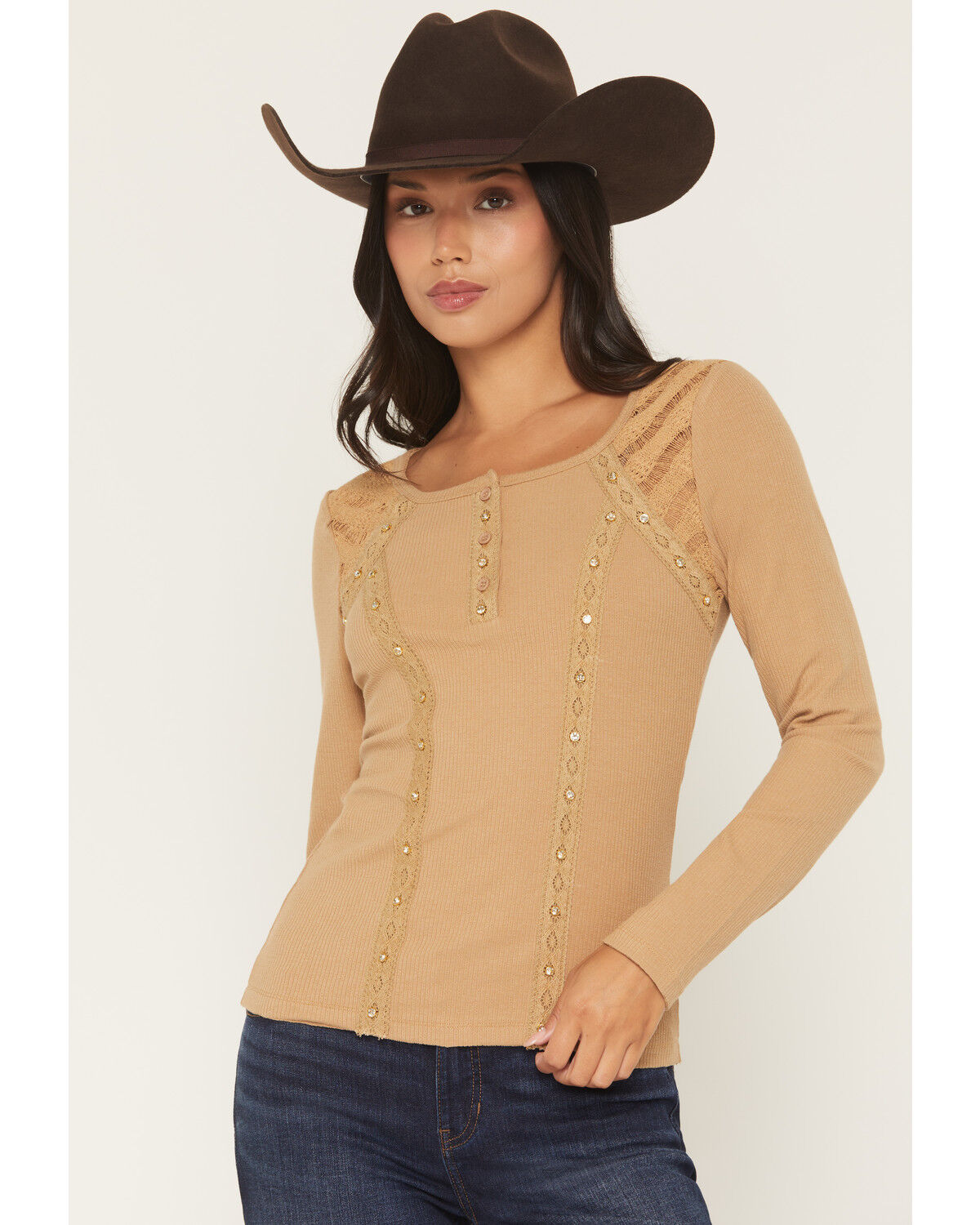 Image #1 - Miss Me Women's Embellished Lace Long Sleeve Shirt, Brown, hi-res