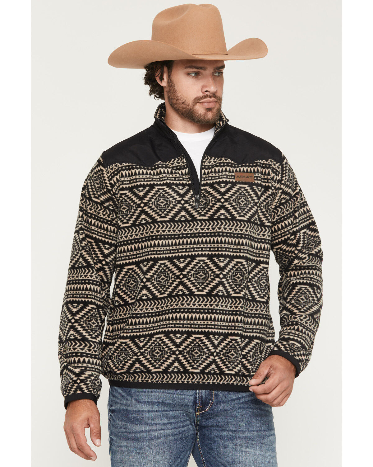 Image #1 - Ariat Men's Basis Southwest 1/4 Zip-Up Fleece Pullover - Tall, Black, hi-res