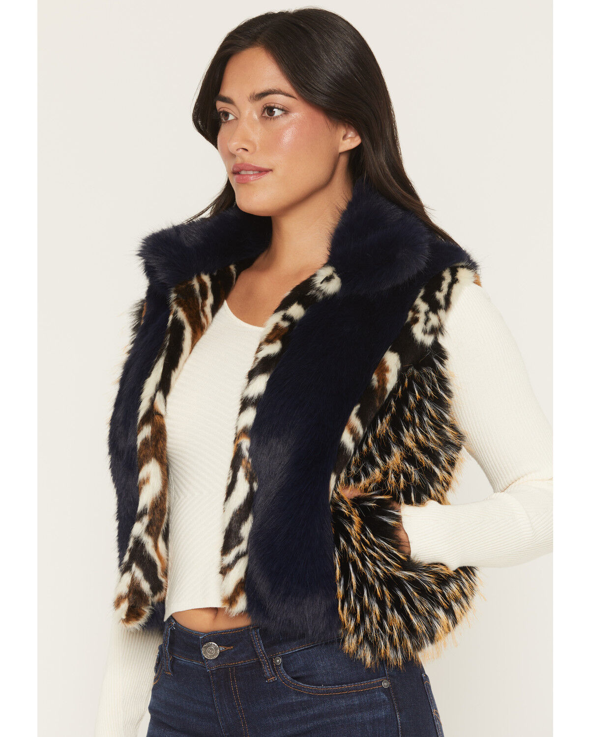 Image #2 - Azalea Wang Women's Boot Barn Exclusive Faux Fur Striped Vest, Navy, hi-res