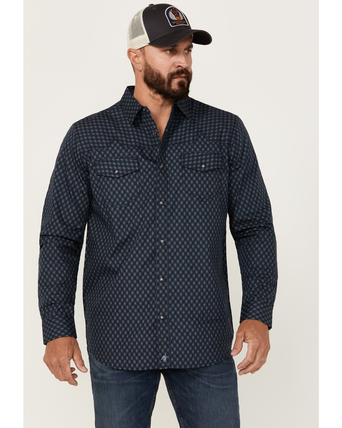 Moonshine Spirit&reg; Men's Townie Wallpaper Geo Print Long Sleeve Snap Western Shirt, Navy, hi-res