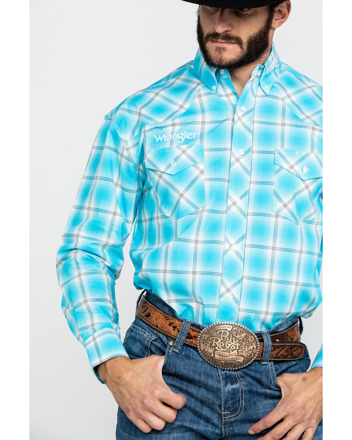 Image #4 - Wrangler Men's Turquoise Logo Large Plaid Long Sleeve Western Shirt , , hi-res
